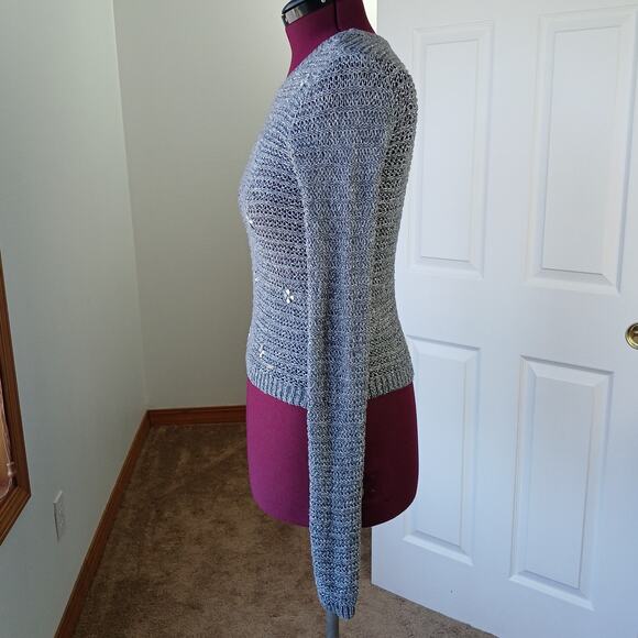Hollister Grey Sparkle Knit Sweater Medium repaired bejeweled silver lightweight - Picture 2 of 16